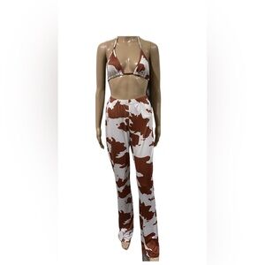Brown and White Cow Print Bikini Top & Pants Set